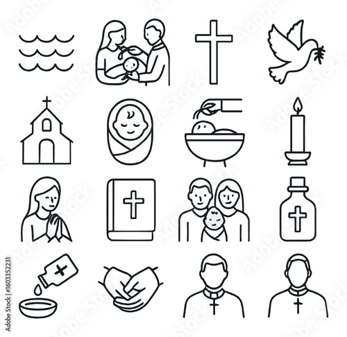 Christian symbols and rituals: baptism, cross, church, bible, candle, dove icons