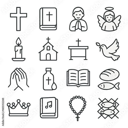 Religious symbols set: cross, bible, praying hands, angel, dove, church, communion, crown, rosary