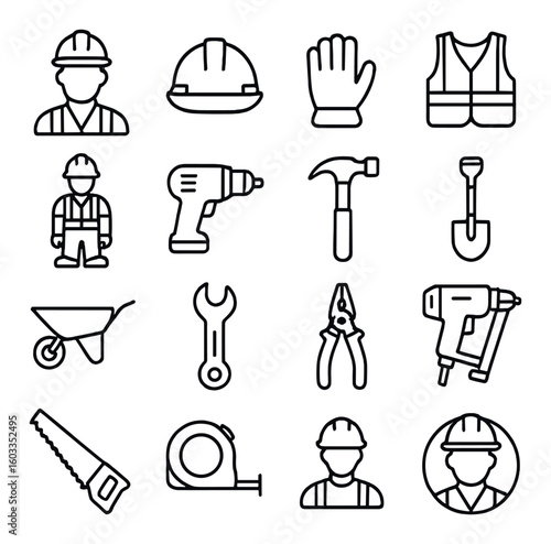 Construction tools and worker icons set with hard hat and safety gear