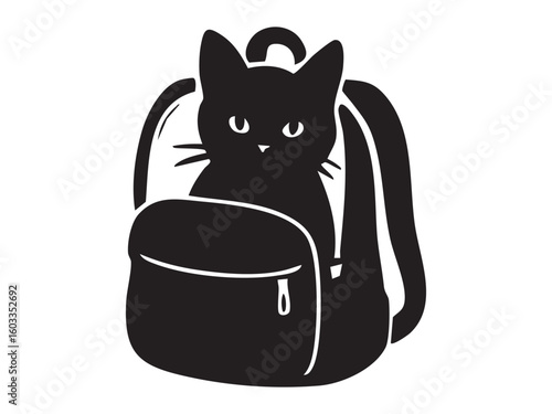 Black silhouette of a kitten sitting inside a backpack, isolated on white background, graphic illustration. concept of pet, cute cat, travel, feline companion, design element.