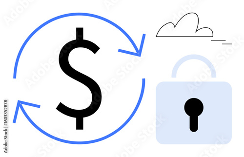 Dollar sign surrounded by arrows, padlock, and cloud signifying secure transactions, savings, and reliability. Ideal for finance, cybersecurity, banking, investment trust savings simple flat