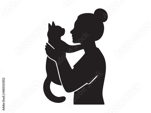 Black silhouette of woman holding cat, isolated on white background, graphic illustration. concept of pet, companionship, feline love, domestic animal, icon, design element.