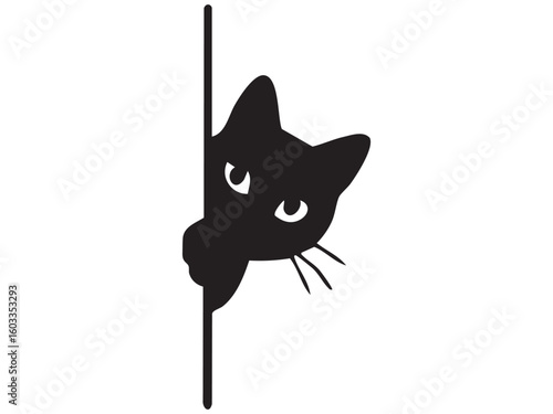 Black silhouette of curious cat peeking out from behind wall isolated on white background, graphic illustration. Concept of playful pet, feline curiosity, cute animal moment, design element