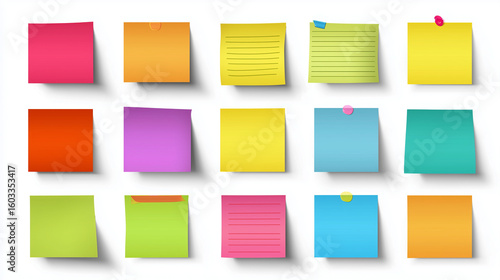 Minimal and organized collection of pastel and vibrant sticky notes on white, designed for UI/UX mockups or stationery branding.

