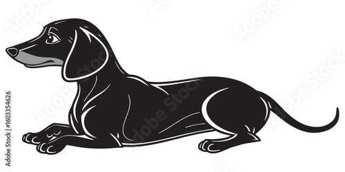 A cartoon style black dachshund dog is lying down with its head up and looking to the left side