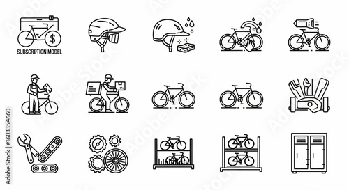 Bicycle Services Line Icon Set – Subscription, Helmet, Cleaning, Mechanic, Delivery, Customization, Spare Parts Vector

