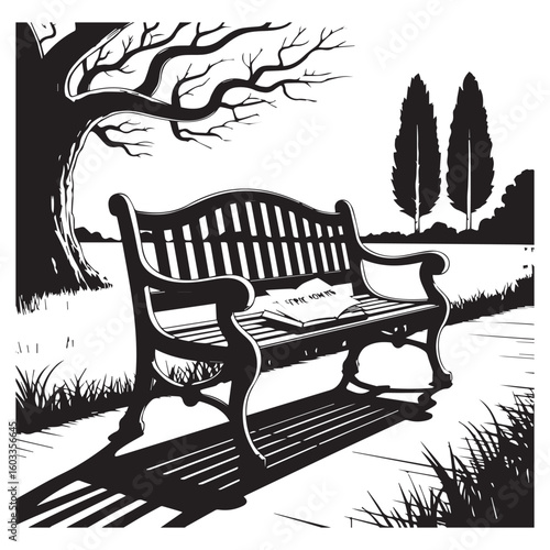 Black and white vector park bench with book under a tree illustration