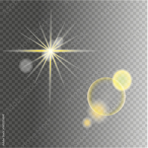 Glow light star, yellow sun rays, gold glare bokeh. Flash yellow sun, star flashed with sparkles.