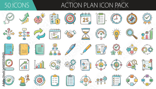 Action Plan Icon Pack with 50 Strategy and Productivity Elements - A focused set of 50 cartoon-style action plan icons, including goals, checklists, timelines, arrows, and progress tools for planning