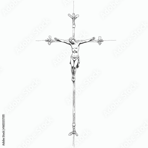 Line art of a crucifix, representing faith and spirituality, in a detailed design
