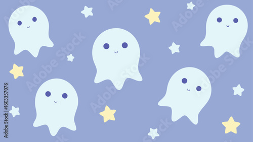 cute ghost pattern with stars and moons  pastel vector background
