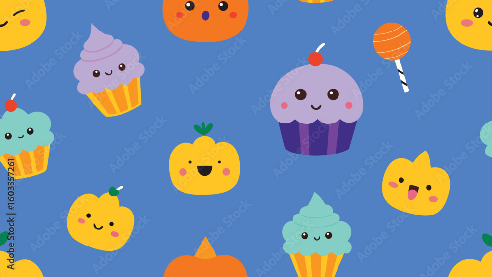 Naklejka premium cute halloween cupcakes and sweets pattern vector background