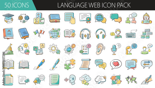 Language Web Icon Pack with 50 Communication and Learning Elements - A creative set of 50 cartoon-style language and web icons, featuring books, speech bubbles, translation tools