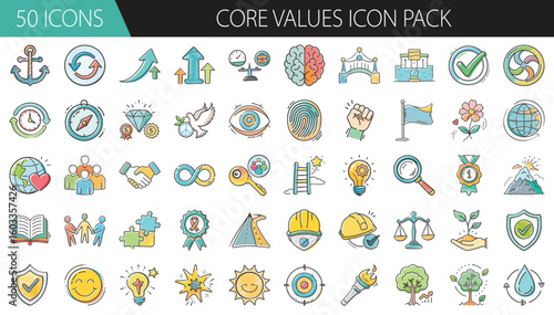Core Values Icon Pack with 50 Ethics and Leadership Symbols - A meaningful collection of 50 cartoon-style core values icons, featuring trust, integrity, growth, teamwork, vision, and accountability 