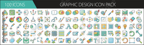 Graphic Design Icon Pack with 100 Creative and Digital Tools - A vibrant set of 100 cartoon-style graphic design icons, featuring tools, shapes, colors, typography, and interface elements for digital 