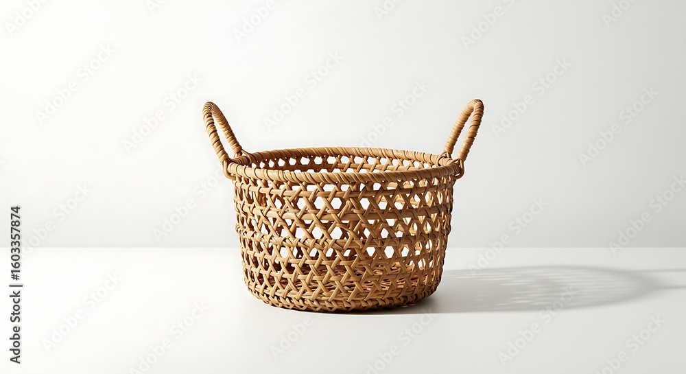 Obraz premium JPEG for small woven rattan basket with two handles, isolated on a bright white background, studio shot, natural shadows, clean product showcase aesthetic