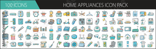Home Appliances Icon Pack with 100 Household and Electronic Elements - A colorful collection of 100 cartoon-style home appliance icons, featuring kitchen gadgets, cleaning tools, electronics, 