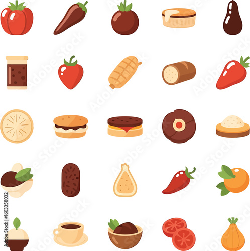 Colorful Vector Illustration of Various Food Items Fruits and Vegetables.