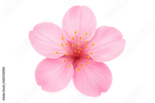 Close-up of blooming pink cherry blossom with visible stamen and pistil, isolated on transparent background