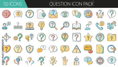 Question Icon Pack with 50 Inquiry and Help Elements - A versatile set of 50 cartoon-style question icons, featuring question marks, dialogue boxes, help signs, folders, and magnifiers for support