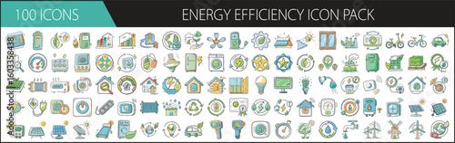 Energy Efficiency Icon Pack with 100 Sustainable Power and Eco Elements - A detailed collection of 100 cartoon-style energy efficiency icons, featuring green energy, eco-homes, solar panels, insulatio