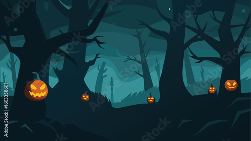 dark forest with glowing jack o  lanterns  eerie halloween background