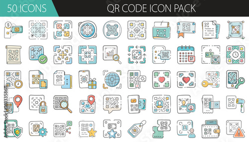 QR Code Icon Pack with 50 Scan and Digital Access Elements - A modern collection of 50 cartoon-style QR code icons, featuring scanners, smartphones, barcodes, payments, and links for digital access 