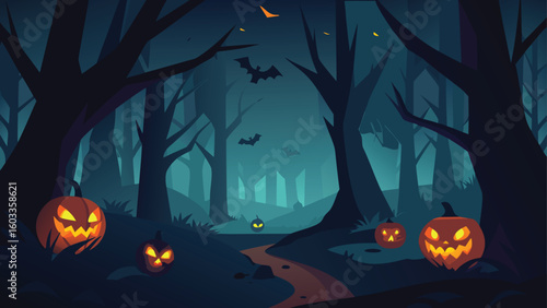 dark forest with glowing jack o  lanterns  eerie halloween background