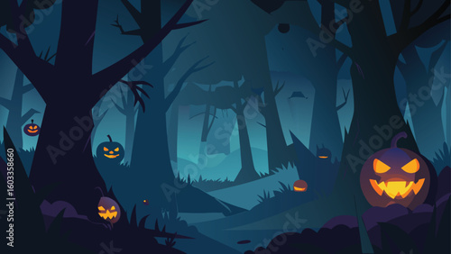 dark forest with glowing jack o  lanterns  eerie halloween background