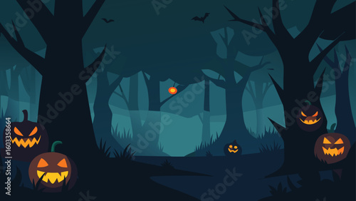 dark forest with glowing jack o  lanterns  eerie halloween background