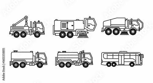 Airport Ground Support Transport Line Icon Set – Runway Inspection, Sweeper, Generator, Water Loader, Passenger Bus Vector

