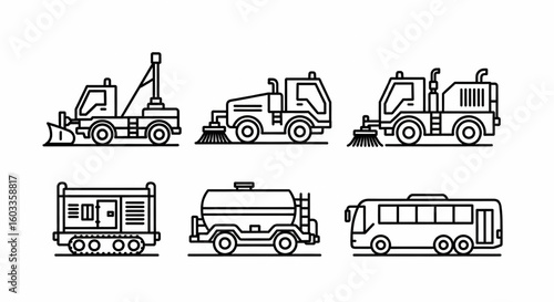 Airport Ground Support Transport Line Icon Set – Runway Inspection, Sweeper, Generator, Water Loader, Passenger Bus Vector

