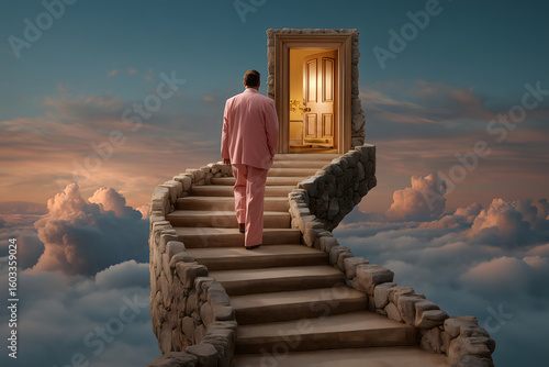Man Walking on Floating Stone Stairs Toward Door in the Sky at Sunset