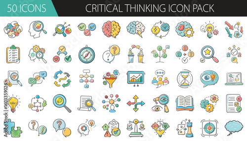 Critical Thinking Icon Pack with 50 Analysis and Problem-Solving Elements - A thoughtful collection of 50 cartoon-style critical thinking icons, including brains, puzzles, charts, magnifying glasses, 