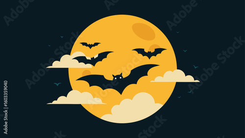 full moon with bats and clouds  vintage halloween background