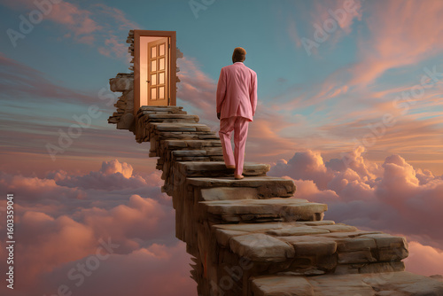 Man in Pink Suit Walking on Floating Stone Stairs Toward Door in the Sky