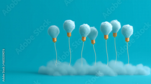 Creative Concept of Light Bulbs Made of Clouds Floating Above Blue Background