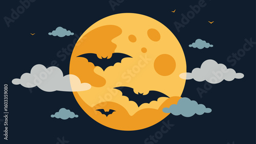 full moon with bats and clouds  vintage halloween background