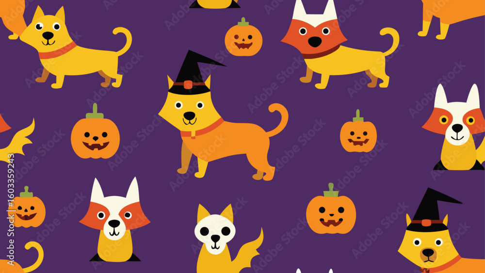 Obraz premium funny halloween dogs in costumes pattern vector background