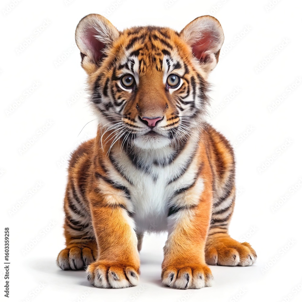 Obraz premium Adorable tiger cub portrait on white background cute baby animal photography isolated on white background