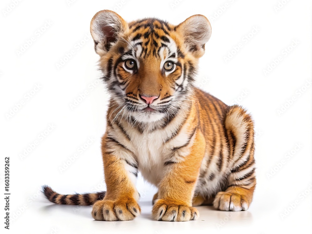 Fototapeta premium Adorable tiger cub portrait: bengal tiger baby animal photography, cute kitten isolated on white background