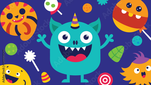 funny monsters and candy pattern  colorful halloween background