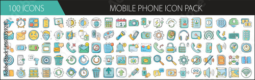 Mobile Phone Icon Pack with 100 Smartphone and App Elements - A colorful collection of 100 cartoon-style mobile phone icons, featuring apps, notifications, settings, calls, and messaging tools for UI,