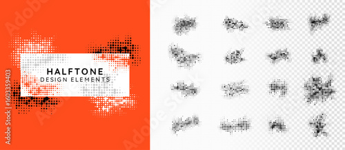 Vector illustration. Set of halftone dotted elements. Faded dots bundle isolated on white background. Geometric design for poster, layout, postcard, frame, flyer, advertisement. Pop art style