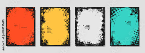 Vector illustration overlay. Hand drawn abstract frame set. Ink brush strokes, liquid paint and halftone dots. Design for poster, invitation, gift card, coupon, book cover, magazine. Grunge banner
