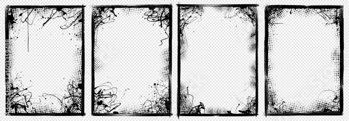 Vector illustration overlay. Hand drawn abstract frame set. Ink brush strokes, liquid paint and halftone dots. Design for poster, invitation, gift card, coupon, book cover, magazine. Grunge banner