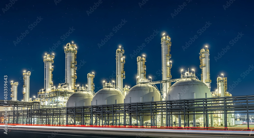 Obraz premium Industrial Nightscape: A Chemical Plant Gleaming Under Stars, Spherical Tanks and Towers Illuminate the Dark Blue Sky
