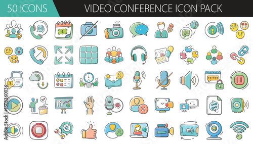 Video Conference Icon Pack with 50 Remote Communication Elements - A vibrant set of 50 cartoon-style video conference icons, featuring webcams, microphones, chats, screens, and user actions for remote