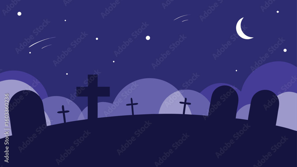Naklejka premium halloween graveyard under starry sky vector background