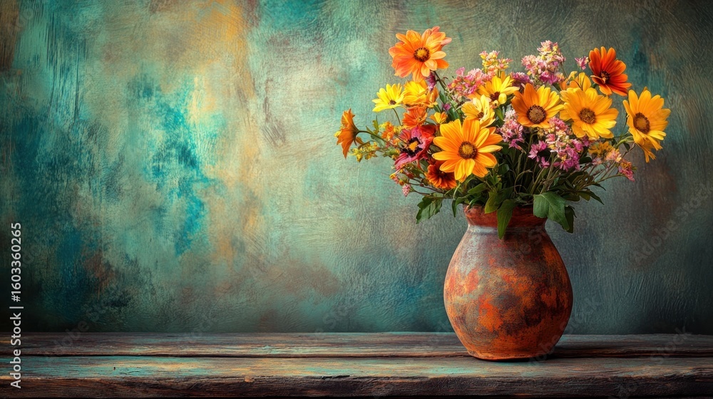 Vibrant flowers in terracotta vase Vibrant flowers in terracotta vase